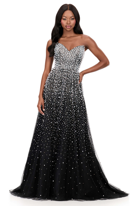 Ashley Lauren 12180 in Black with crystal and pearl beading and a flowing tulle A-line skirt.