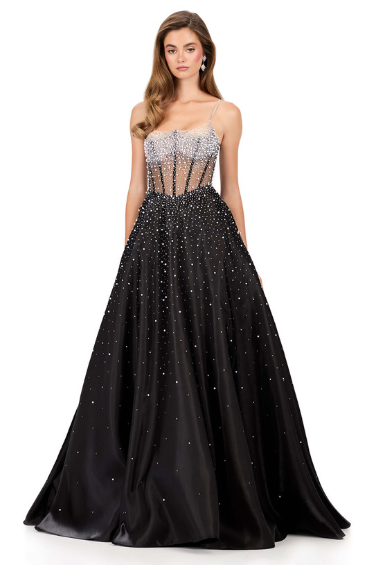Ashley Lauren 12182 in Black with an illusion scoop neckline and satin A-line skirt.