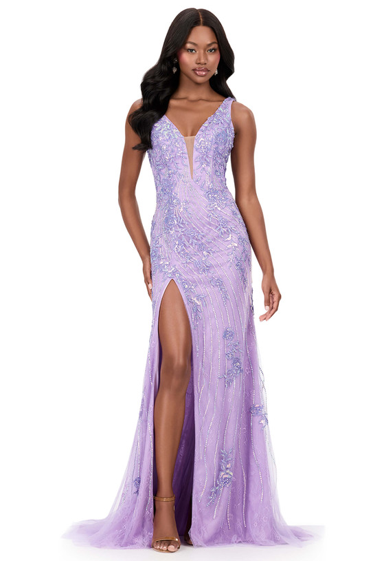 Ashley Lauren 12188 in Orchid with shimmering lace appliques and plunging V-neckline.