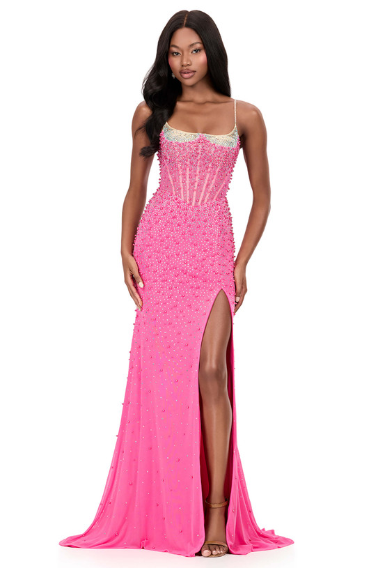 Ashley Lauren 12196 in Hot Pink with illusion scoop neckline and heat-set stones.