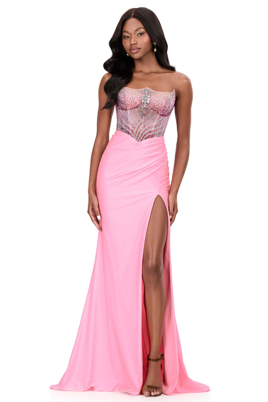 Ashley Lauren 12197 in Pink with sparkling crystal corset and flattering ruching.