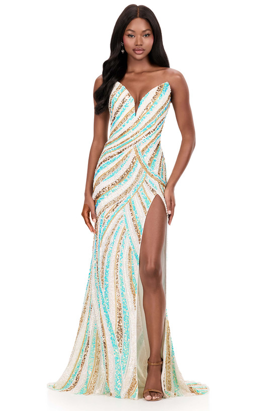 Ashley Lauren 12218 in Aqua/Ivory with intricate swirl beading and strapless V-neckline.