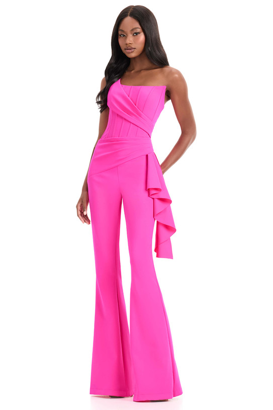 Ashley Lauren 12233 in Fuchsia with one-shoulder neckline, cascading ruffle, and flared legs.