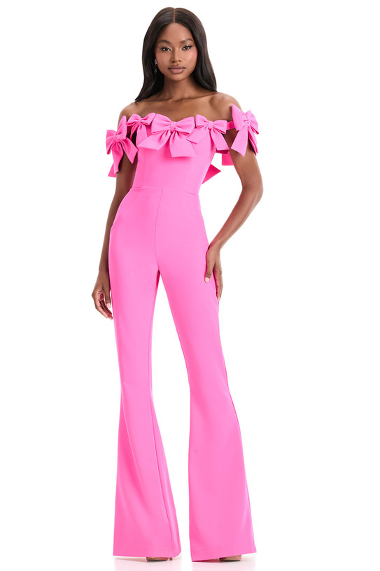 Ashley Lauren 12236 in hot pink with oversized off-the-shoulder bows and flared pant legs.