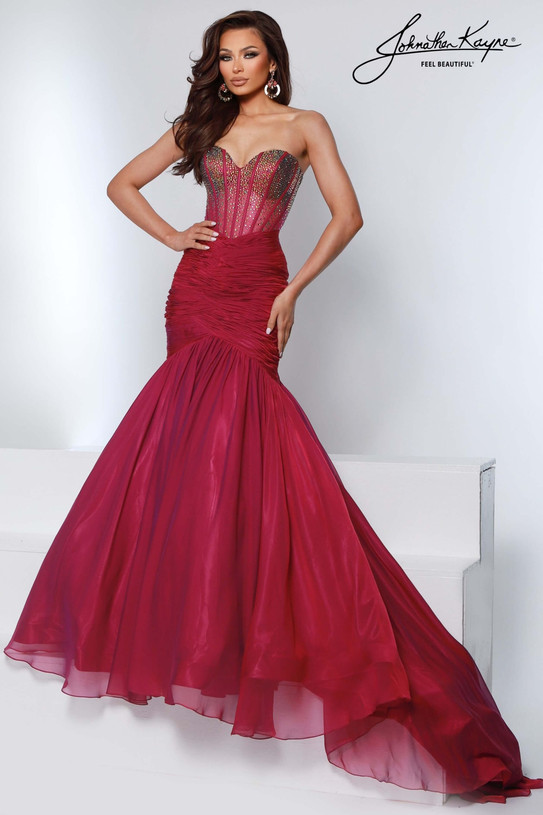 Johnathan Kayne 3226 in Raspberry with beaded corset bodice and flowing mermaid skirt.