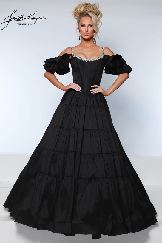 Johnathan Kayne 3230 in Black with ruffle off-the-shoulder drapes and tiered skirt.