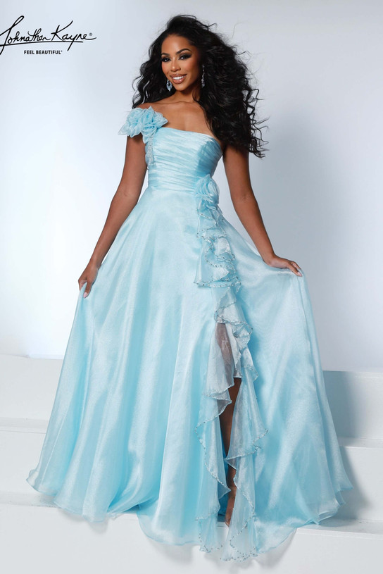 Johnathan Kayne 3267 in Ice Blue with a one-shoulder neckline, floral accents, and cascading ruffle slit.
