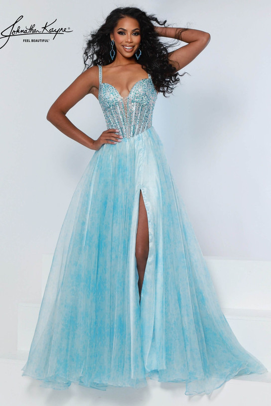 Johnathan Kayne 3269 in Sky Blue with crystal boning bodice, plunging neckline, and flowing A-line skirt.