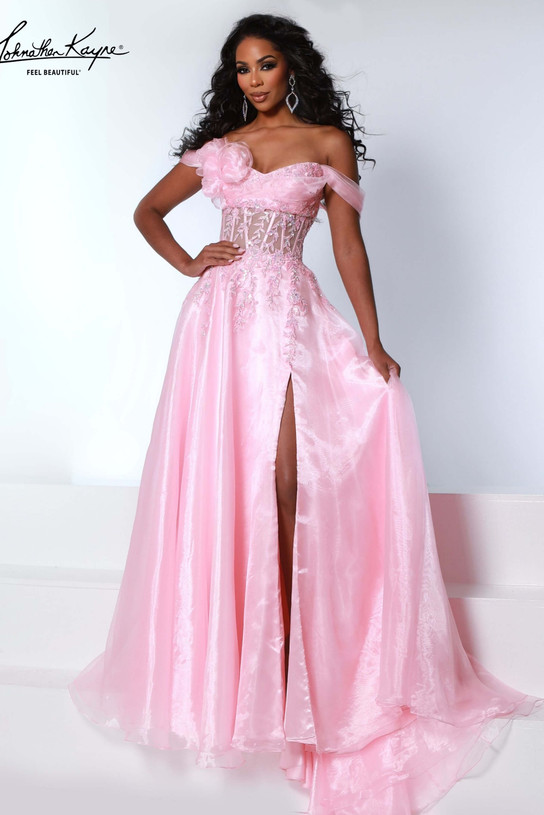 Johnathan Kayne 3279 in Petal Pink with off-the-shoulder neckline and floral appliques.