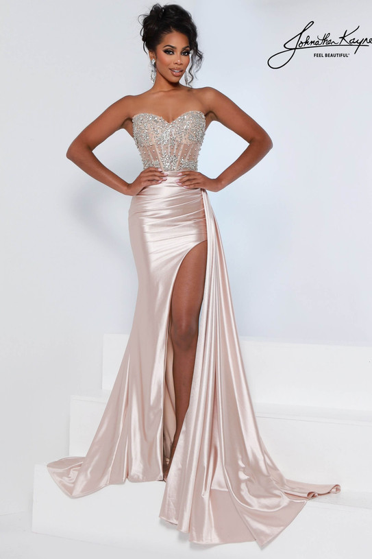Johnathan Kayne 3280 in Champagne with a beaded corset bodice and thigh-high slit.