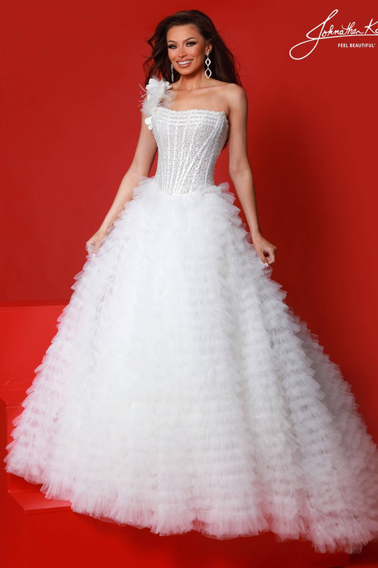 Johnathan Kayne 3302 in White with a beaded corset bodice and cascading ruffled tulle skirt.