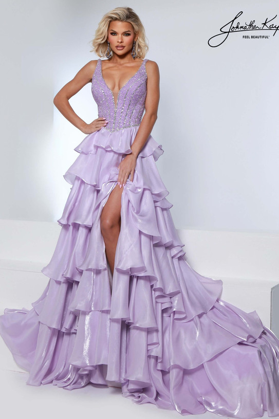 Johnathan Kayne 3309 in Lilac with a beaded bodice and cascading tiered ruffles.