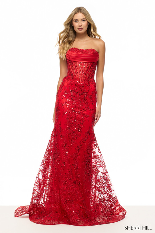Sherri Hill 57645 in Red with strapless cowl neckline and sequin lace fit-and-flare silhouette.