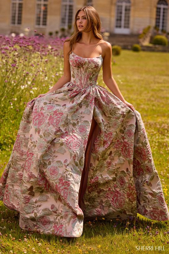 Sherri Hill 57757 in Nude/Multi with strapless sweetheart neckline and voluminous brocade skirt.