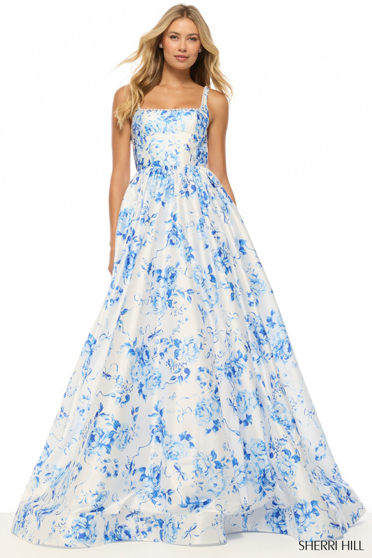 Sherri Hill 57789 in Ivory/Blue Print with pearl-trimmed square neckline and flowing floral satin A-line skirt