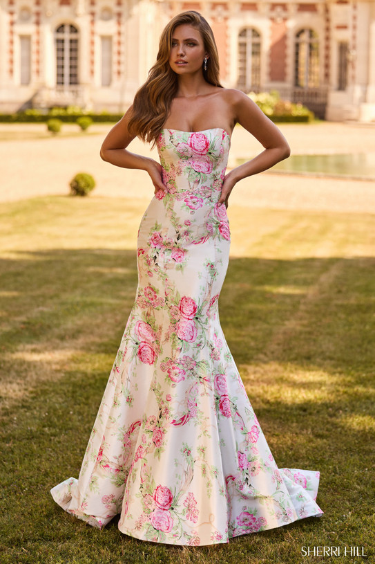 Sherri Hill 57796 in Ivory Print with strapless neckline and romantic floral satin fit-and-flare silhouette