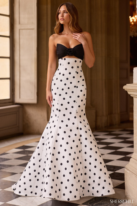 Sherri Hill 57800 in Ivory/Black with strapless sweetheart neckline and polka-dot satin mermaid silhouette