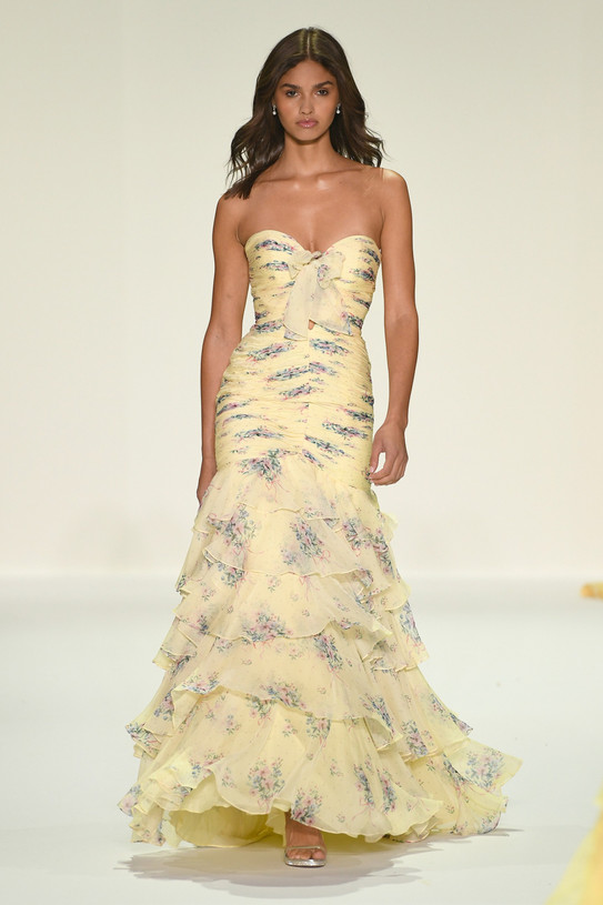 Sherri Hill 57865 in Yellow Print with strapless ruched sweetheart bodice and tie bow detail