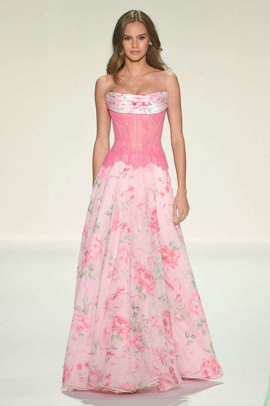 Sherri Hill 58002 in Pink Print with cowl drape neckline and floral satin A-line skirt.