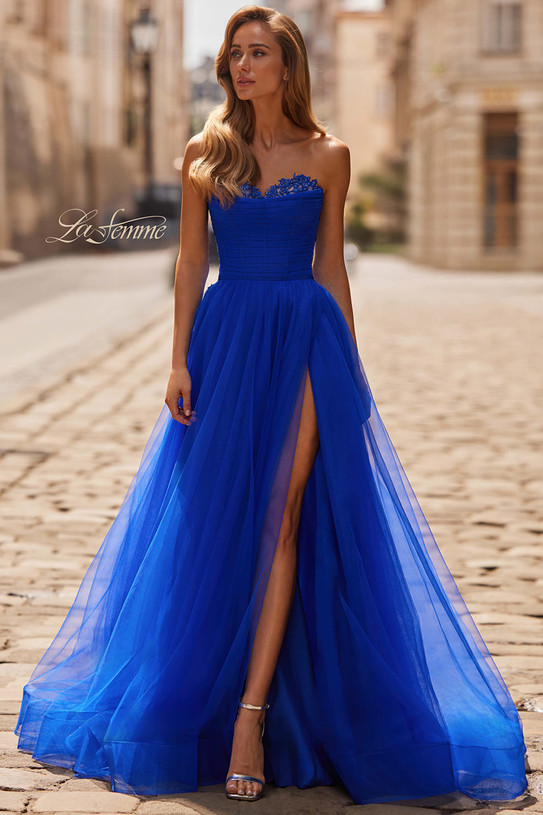 La Femme 33363 in royal blue with strapless lace corset bodice and flowing A-line tulle skirt.