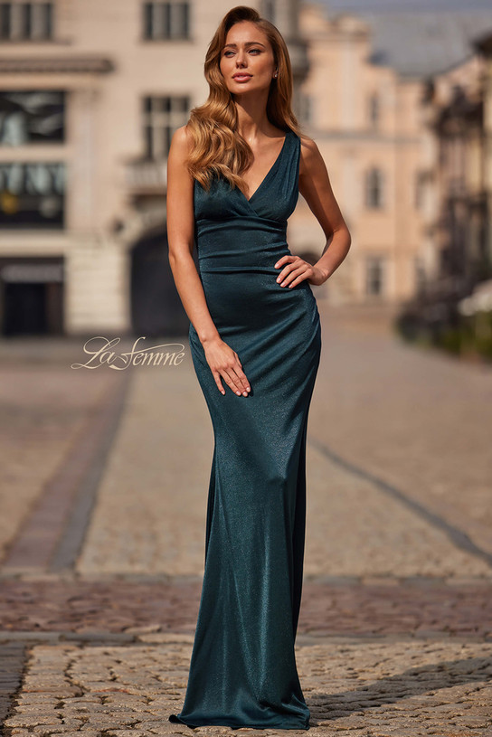 La Femme 33425 in dark teal with V-neckline and metallic jersey fabric.