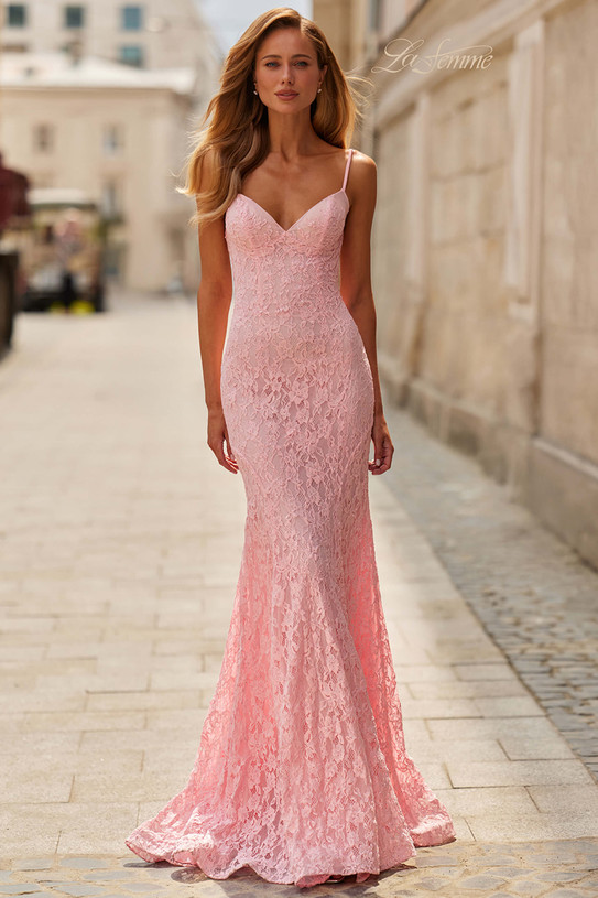 La Femme 33452 in baby pink with V-neckline and stretch lace fit-and-flare silhouette.