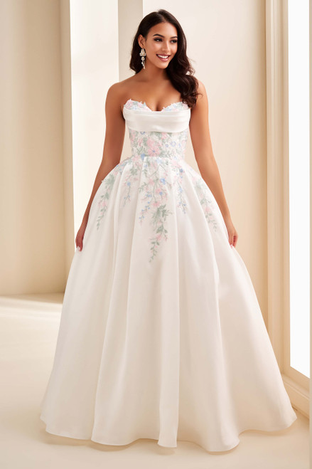 Ellie Wilde EW37095 Ivory/Multi ball gown with sweetheart corset bodice and floral lace over satin, front view. Ellie Wilde EW37095 Ivory/Multi ball gown with sweetheart corset bodice and floral lace over satin, front view.