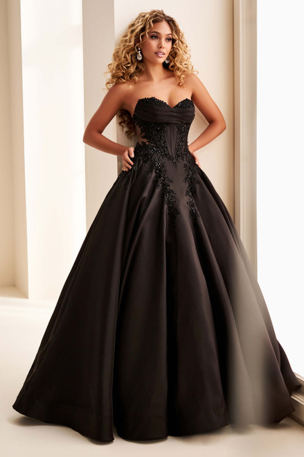 Ellie Wilde EW37082 Black mikado ball gown with sweetheart neckline and corset bodice, front view. Ellie Wilde EW37082 Black mikado ball gown with sweetheart neckline and corset bodice, front view.