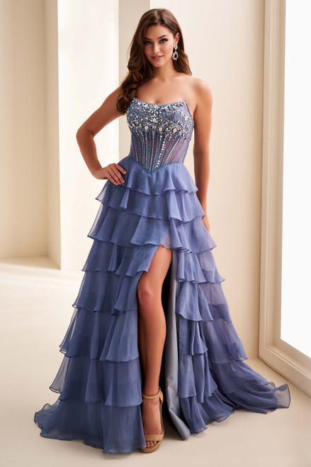 Slate Ellie Wilde EW37057 strapless ruffled A-line prom dress with beaded bodice and thigh-high slit. Slate Ellie Wilde EW37057 strapless ruffled A-line prom dress with beaded bodice and thigh-high slit.