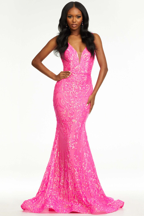 V-Plunging Sequin Patterned Prom Dress Ashley Lauren 11113