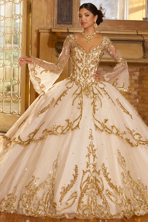 Gold beaded long or cap sleeves sparkle ball gown wedding dress with  glitter tulle - various styles