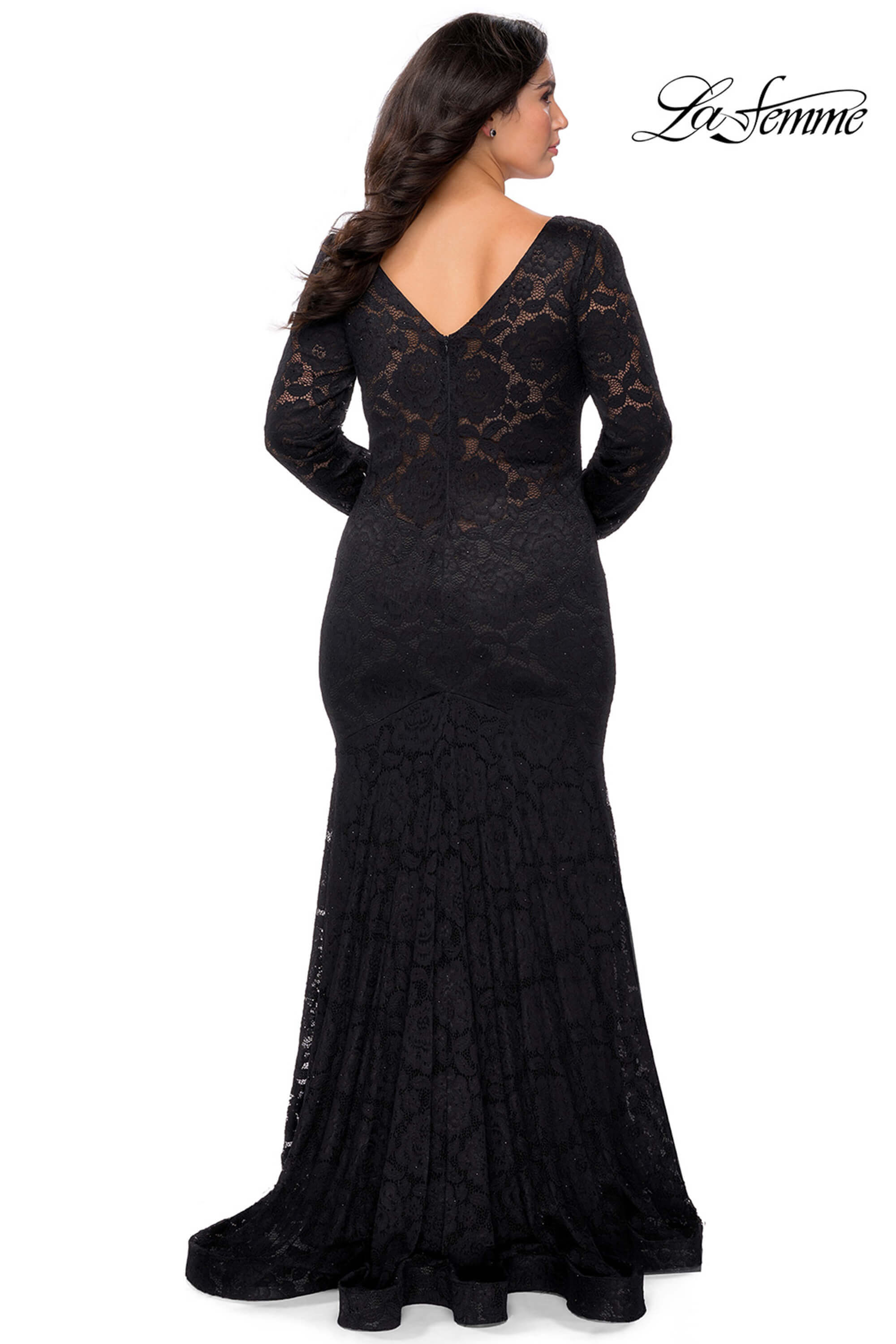 open lace back dress La Femme Long Jersey Plus Size Mermaid Dress - Black