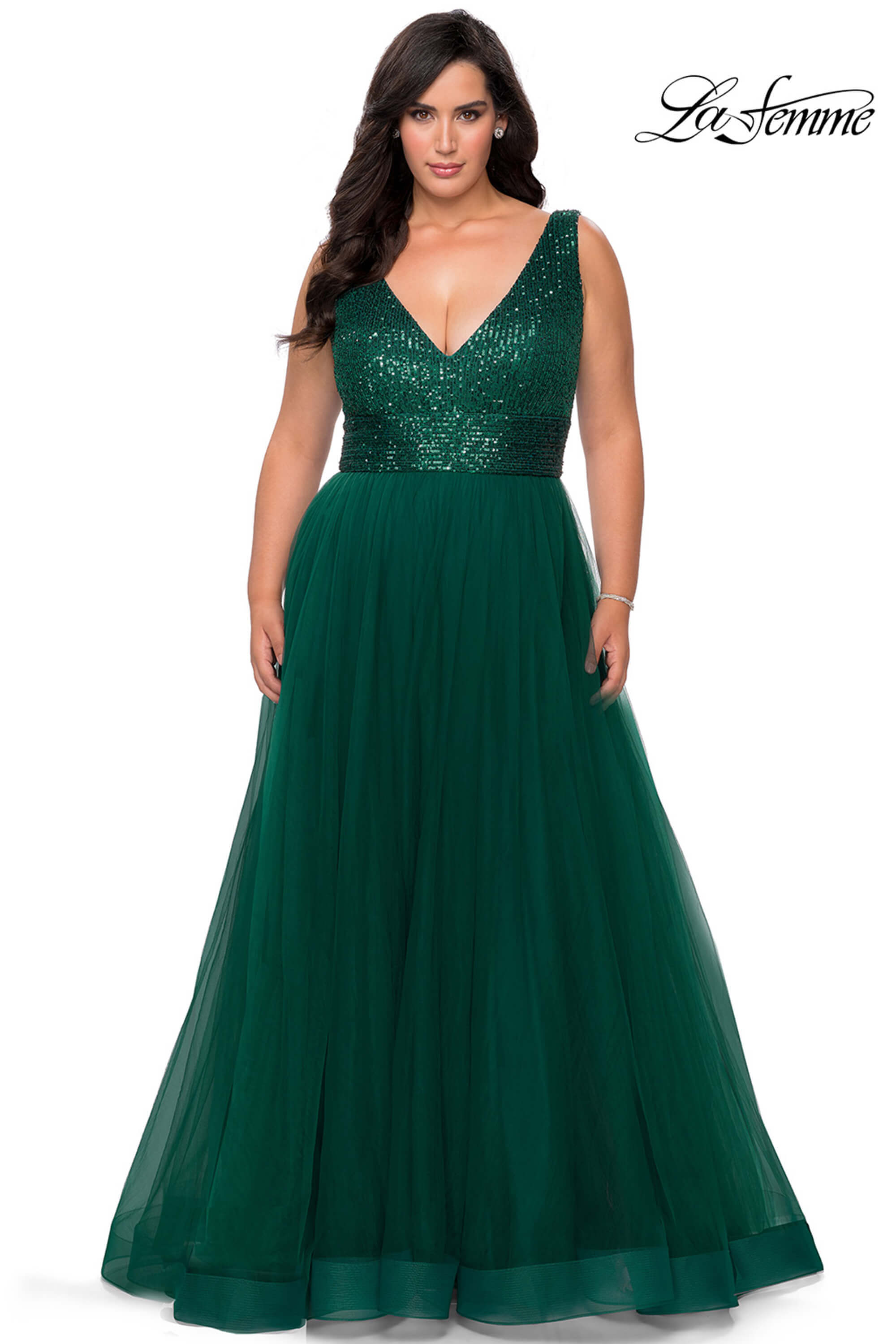 V-neck A-line La Femme 29045 Plus Size Prom Dress - PromHeadquarters.com