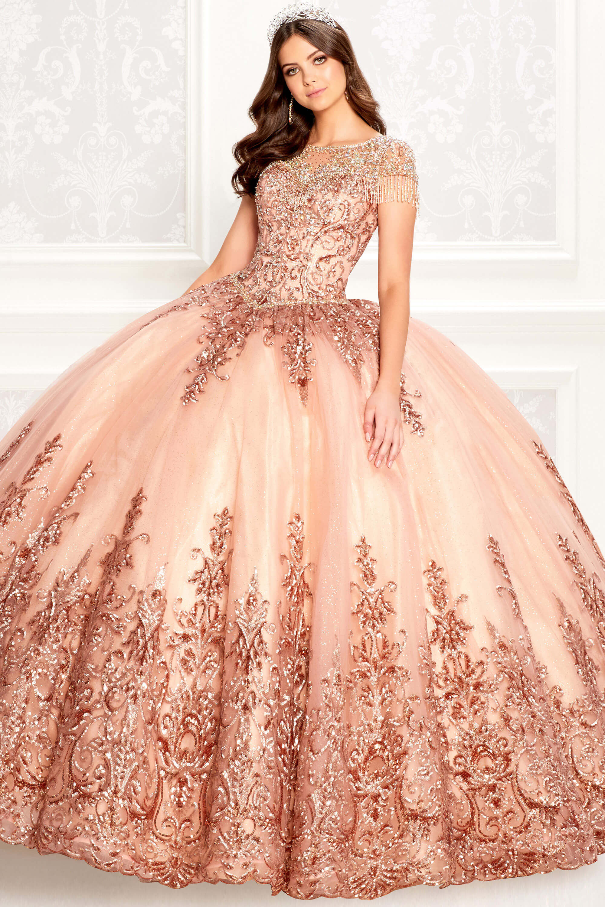 rose gold quince dress with bow Rose Gold Quinceaera Dresses
