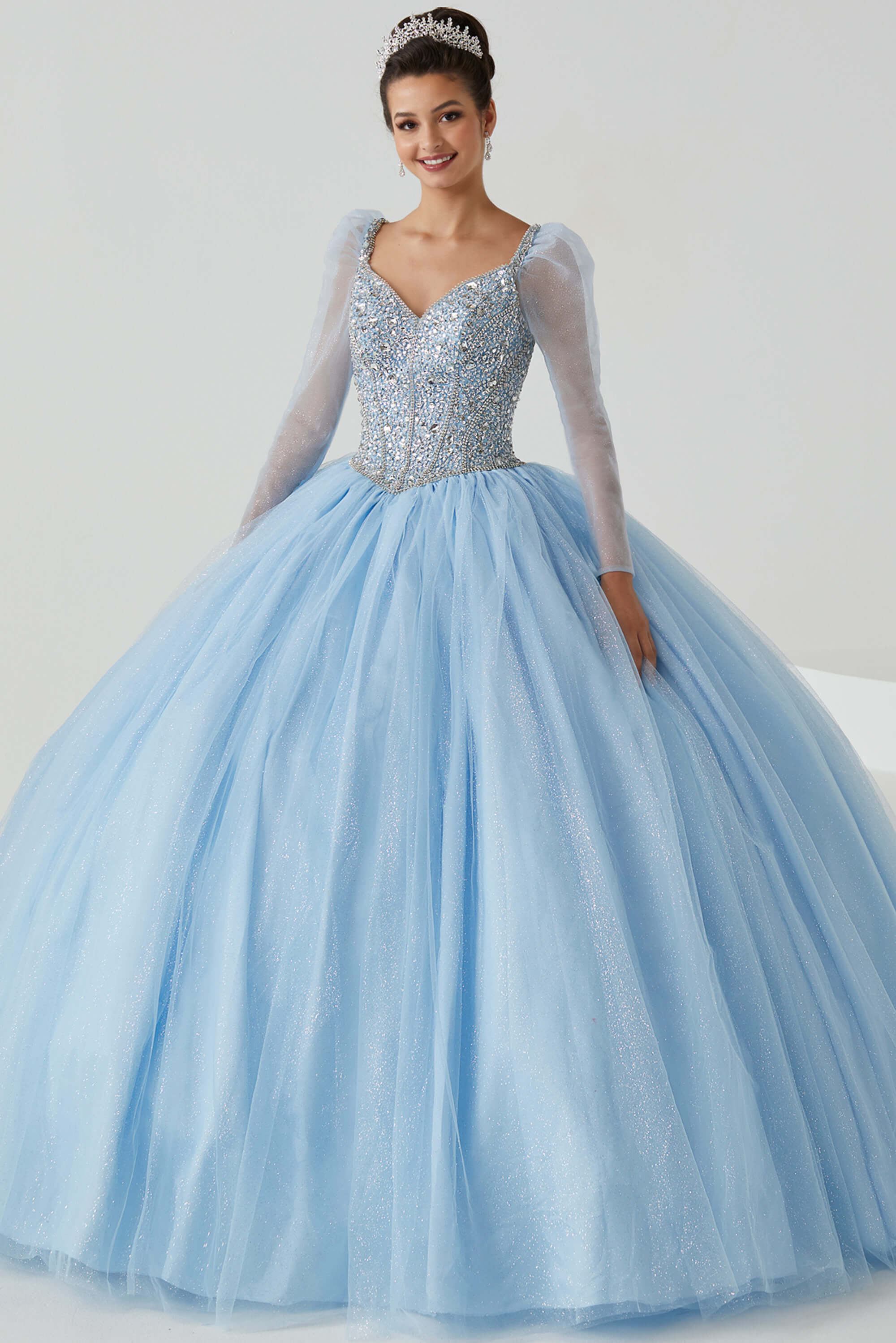 fitted lace wedding dress MisShow Navy Blue Tulle Quinceanera Dress Strapless Ball Gown with Detachable Bell Sleeves Beaded Appliques & Lace-Up Bow main image 0