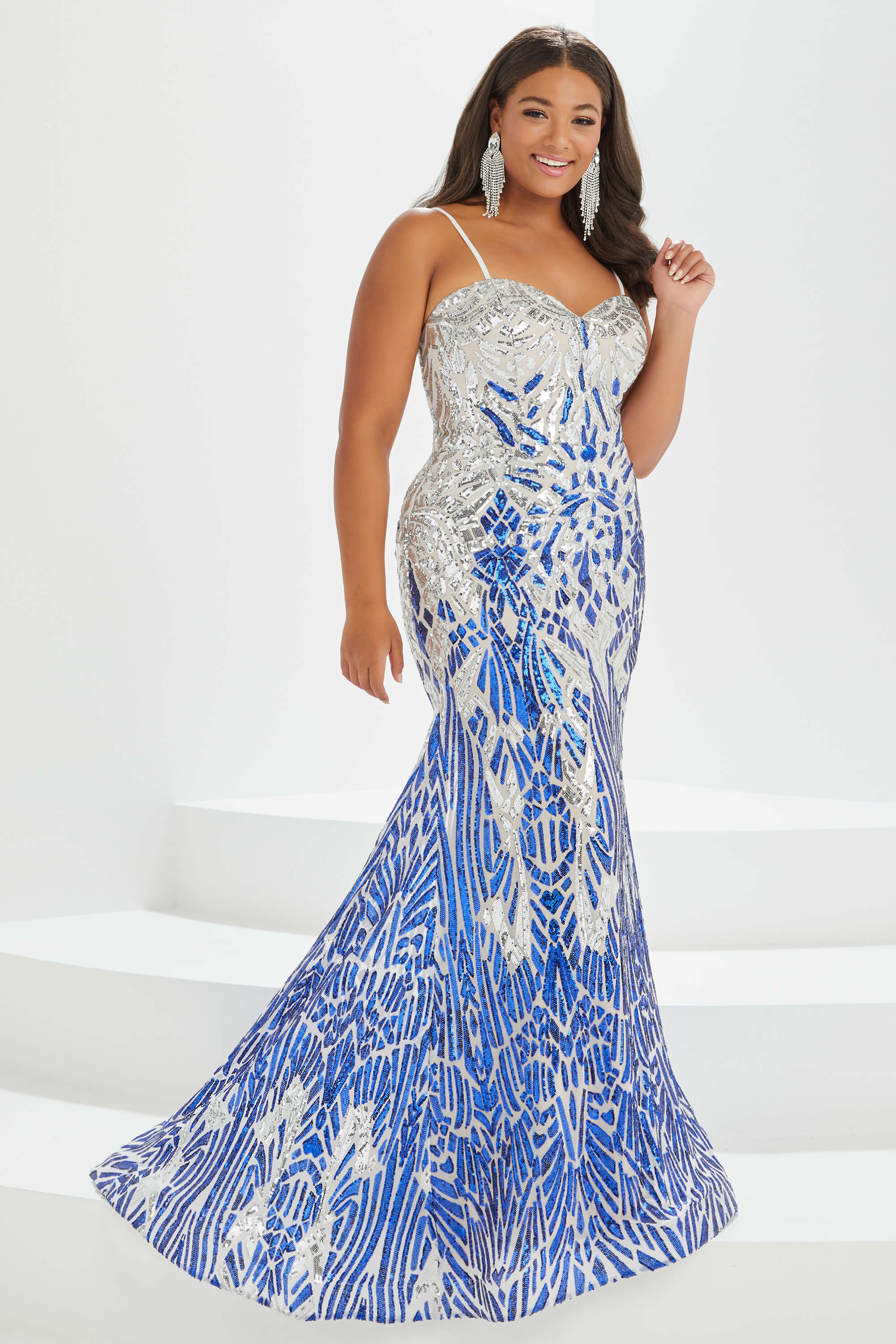 Multi Sequin Tiffany Designs Plus Size Prom Dress 16042 (Silver/Hunter) (14w) Sequin Trumpet Prom Dress Plus Size Tiffany Designs 16042 -  Promheadquarters.com