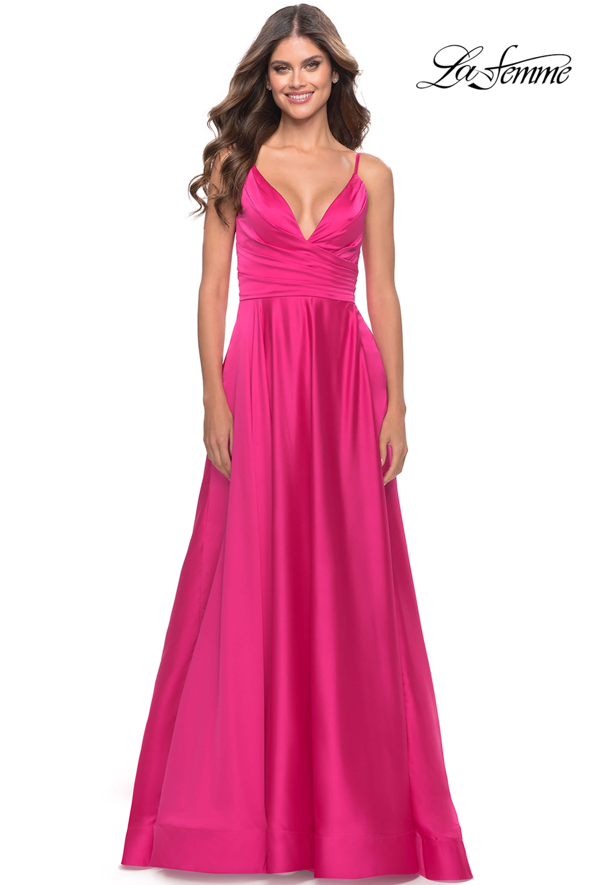 open lace back dress La Femme Style 30614 in Stock Neon Pink Size 8