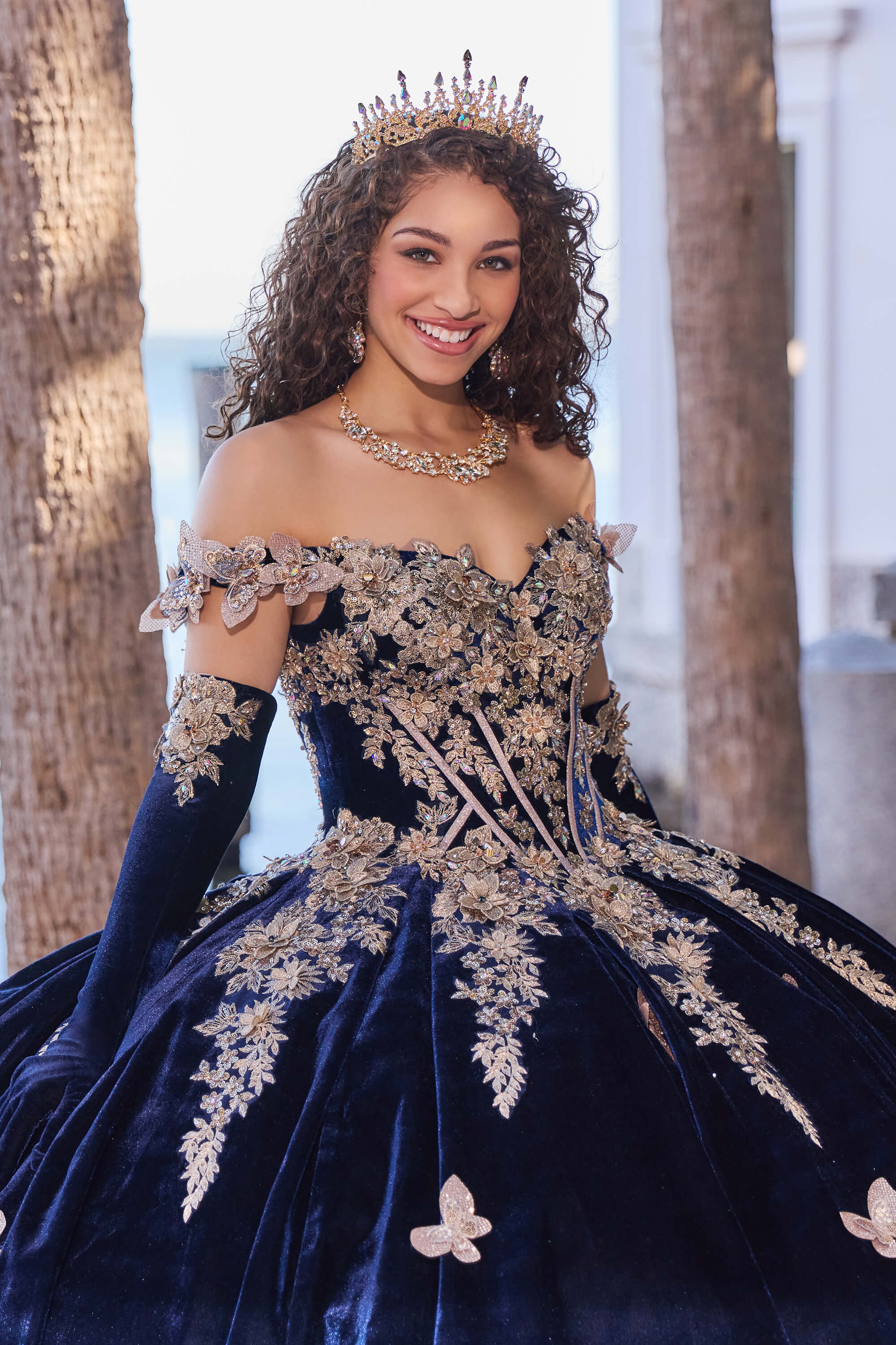 Princesa by Ariana Vara PR30136 - Embroidered Velvet-Made Ballgown 00 / Navy/Gold - Shop Princesa by Ariana Vara Dresses On Couture Candy at