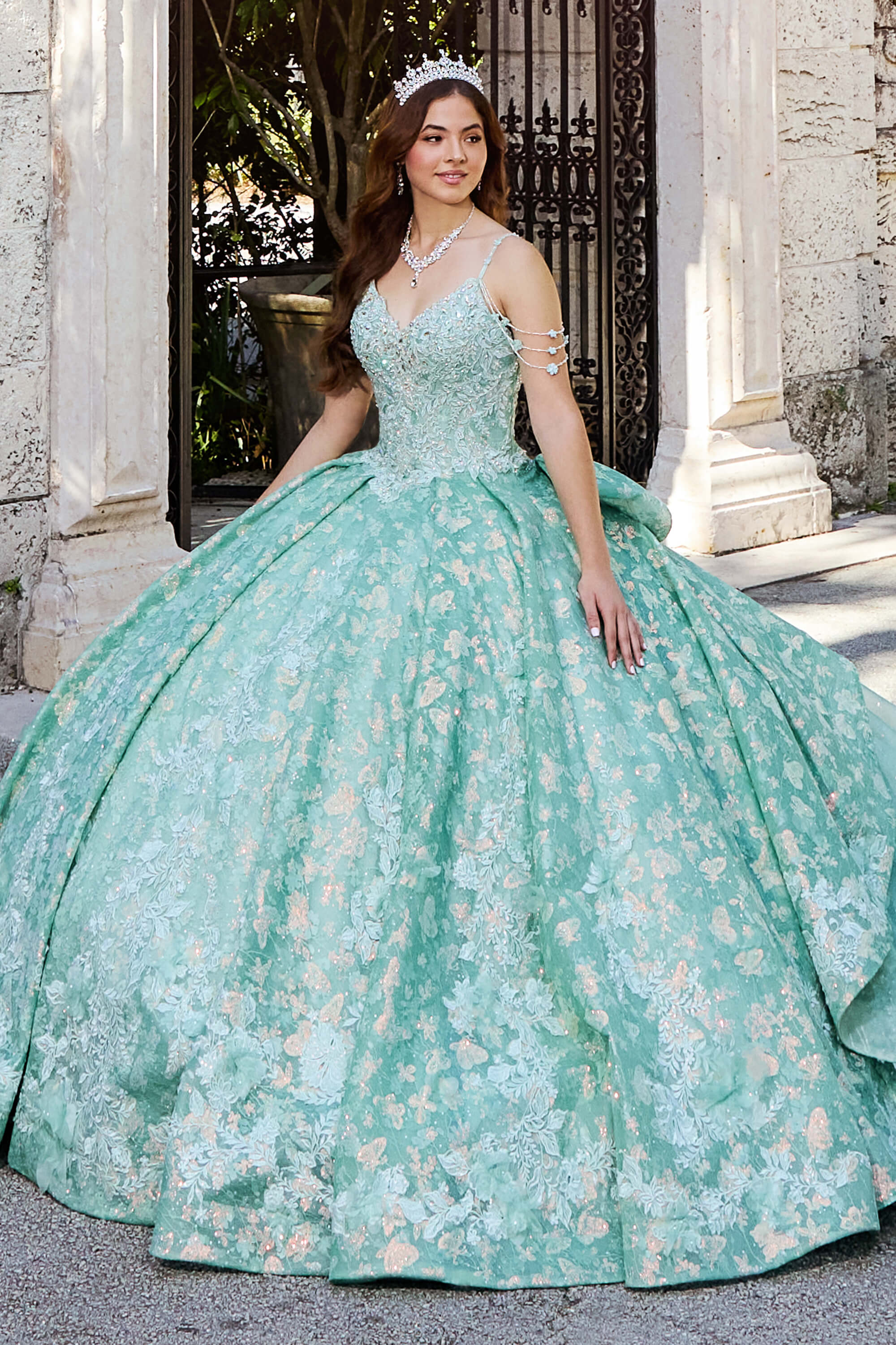 chinese dress ladies Lace Tulle Sage Applique Off Shoulder Quinceanera Dresses, Navy Blue / 10 main image 1