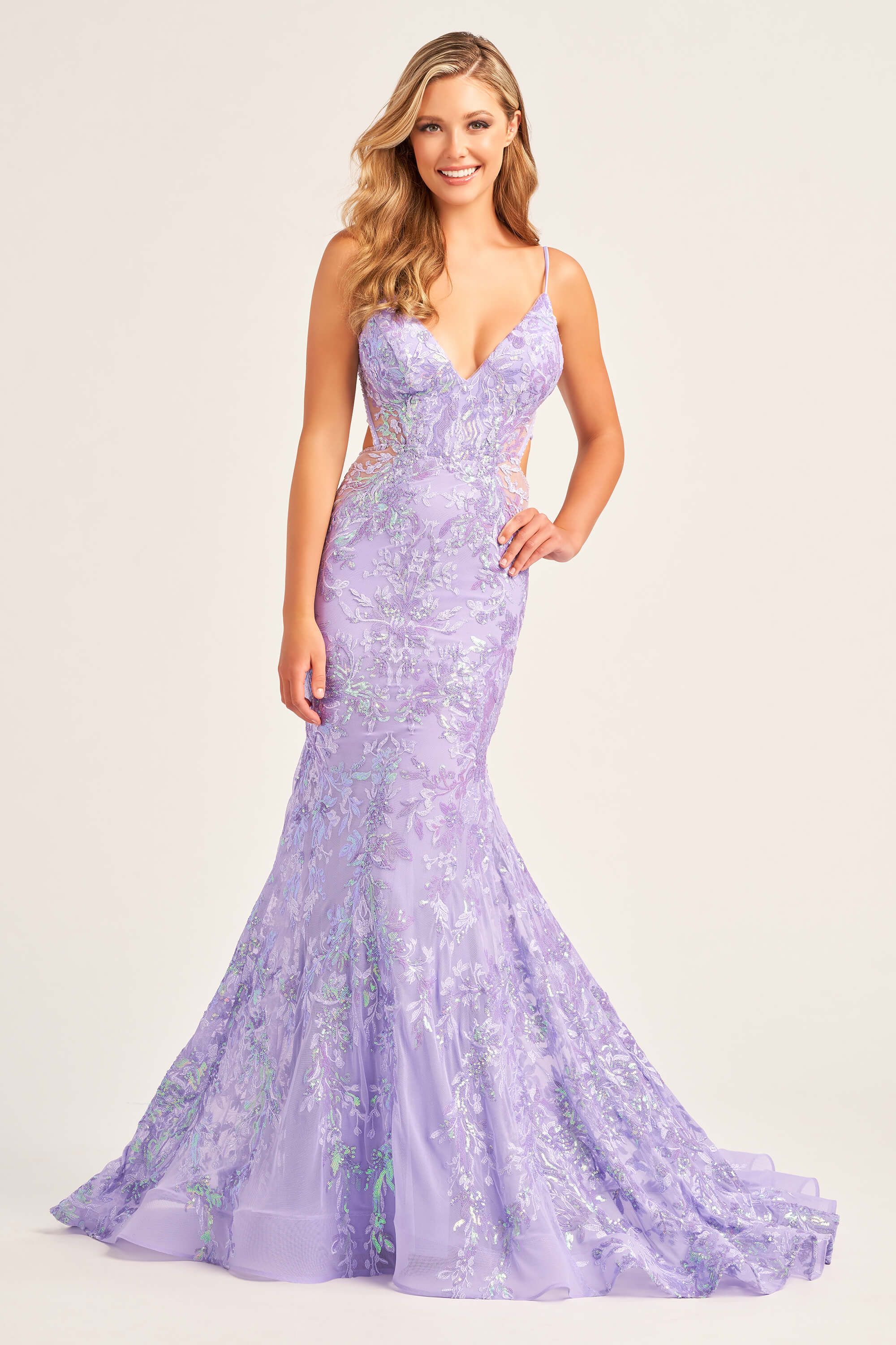 open lace back dress Ellie Wilde EW36097 - Long Ombre Layered Tulle, Organza, Lace Applique, Stone Accents, Beads, Stretch Lining & Horsehair A-Line Dress main image 0