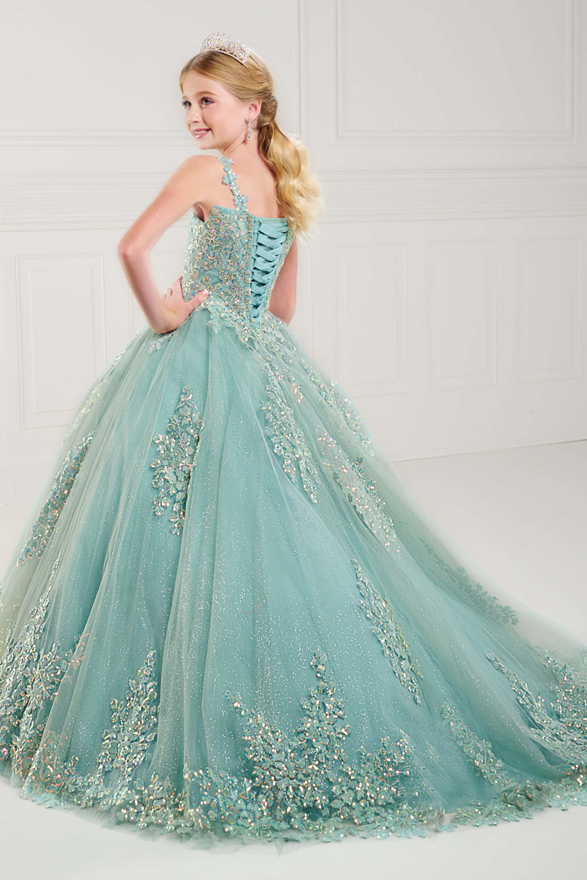 teal princess dress Tiffany Princess 13758 Girls Long Lace Pageant Dress Corset Floral Glitter Formal Ball Gown 8 / Teal