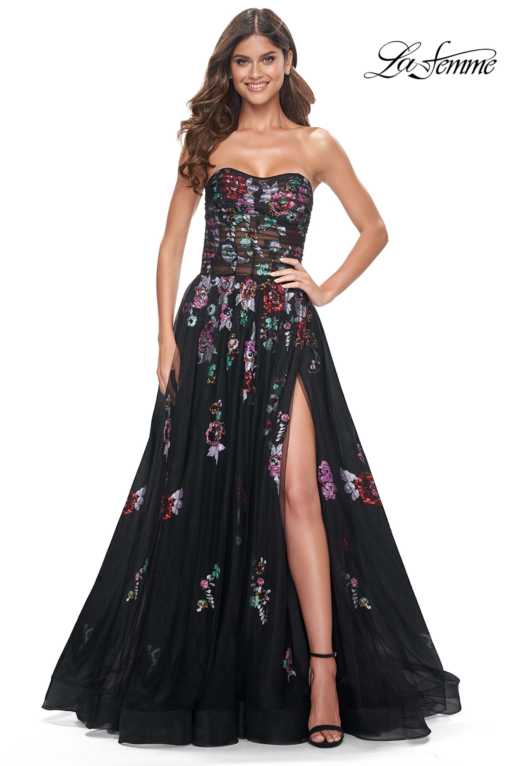 strapless open back dress Two Piece Crew Long Sleeves Black Floral Printed Prom Dress with Lace OKL34  – trendtydresses main image 0