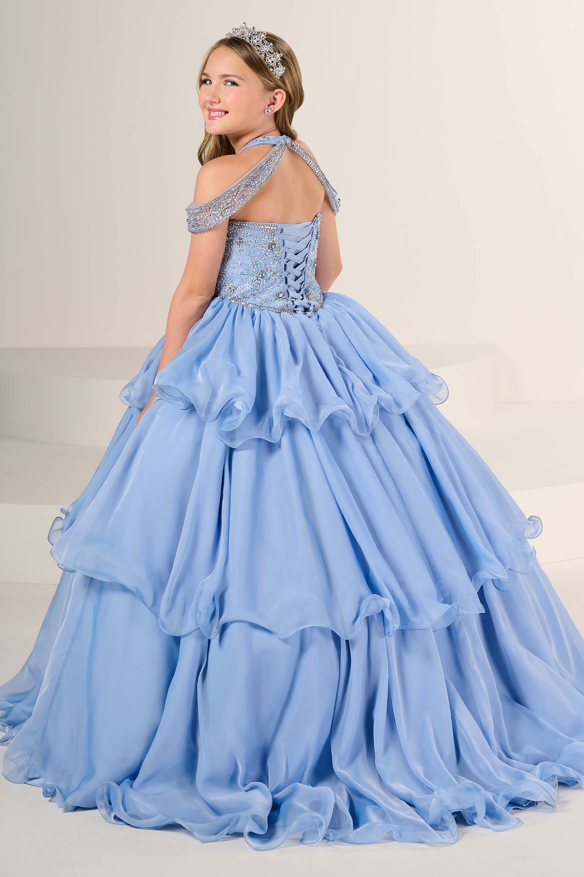 open lace back dress Tiffany Princess 13786 Size 6 Pink Girls Pageant Dress Crystal Bodice Ballgown A Line High Neck Formal main image 1