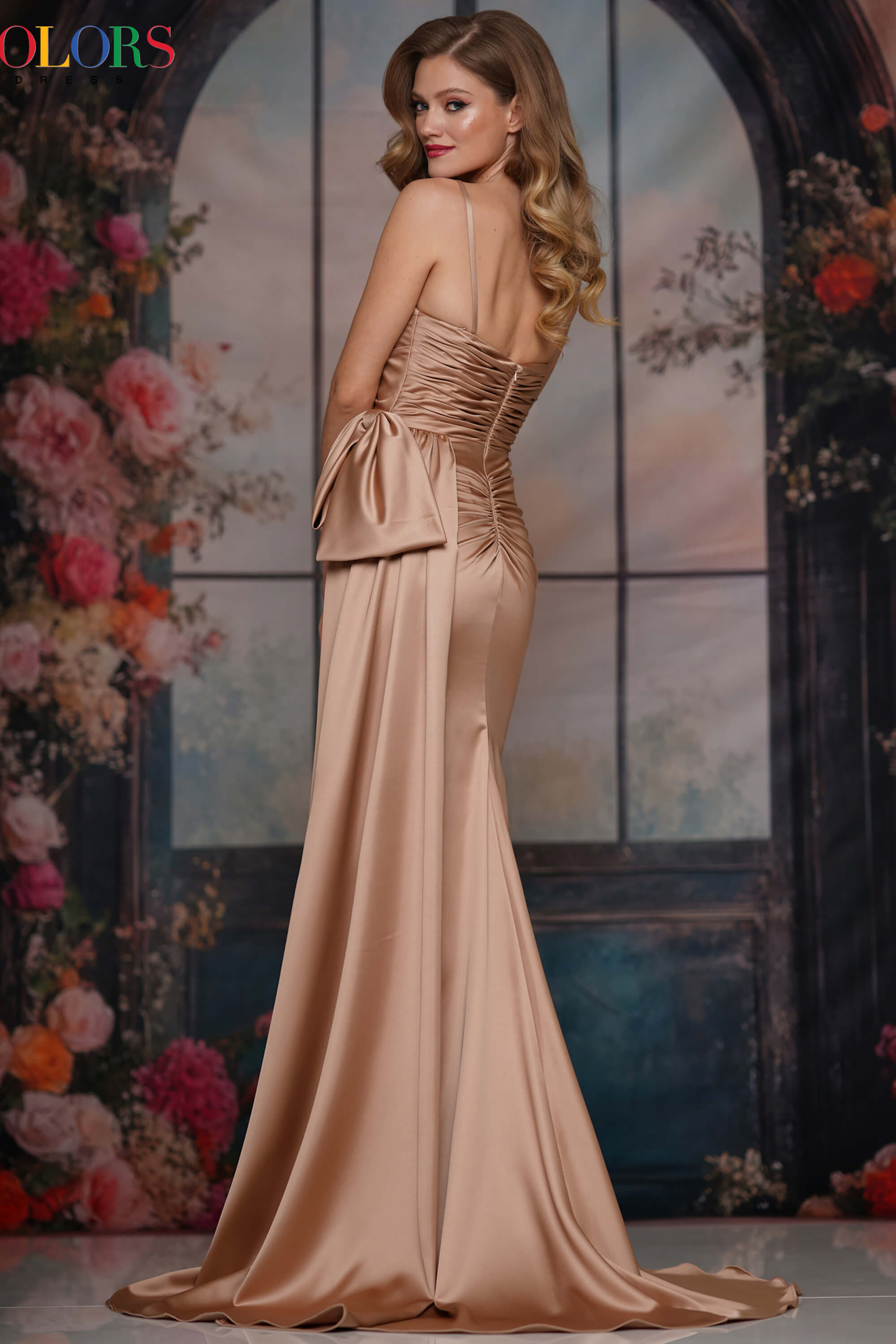 slim fit dress slacks Emerald, Navy, Red, Dusty Blue | Satin Gown with Lace Embellishment, Ruched  Bodice & High Slit CDCDS496