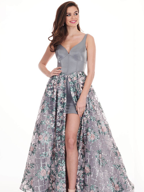 slim fit dress slacks Long Bateau Neck Silver Two Piece Prom Dress Gunmetal / 00