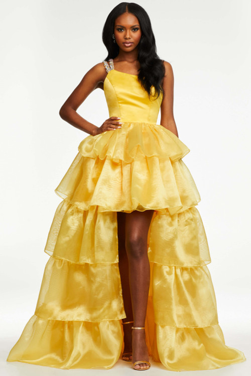 Tiered Organza Skirt Ashley Lauren Prom Dress 11159 (Bright Yellow) (0) Crystal One Shoulder Straps Prom Dress Ashley Lauren 11159 -  PromHeadquarters.com