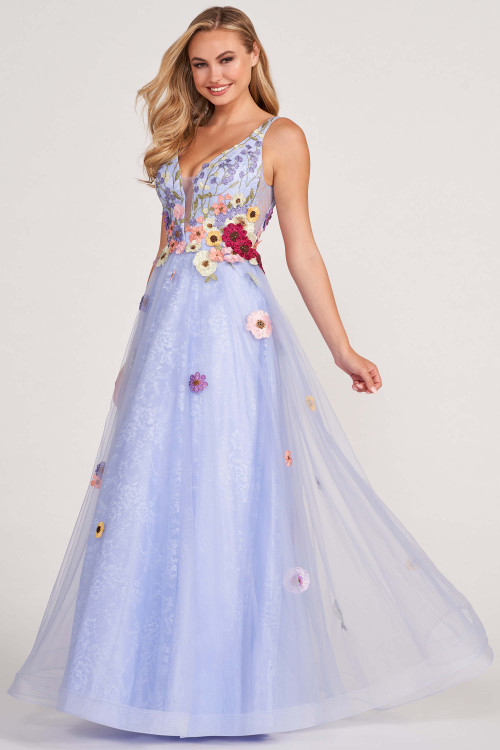 Floral-applique Long Prom Dress with Sheer Bodice Gold / Medium