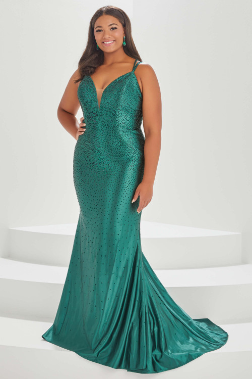 K258029U1 Red Carpet Stretch Sequin Fit & Flare Gown with Twisted  V-Neckline Design and Fitted three-quarters Sleeves