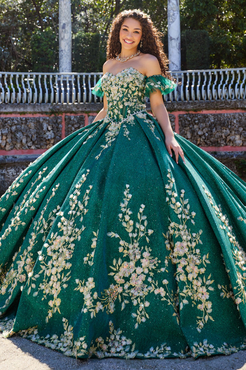 green emerald velvet dress Sparkly Emerald Green Lace Floral Quinceanera Dresses Sequined Sweet 16 Dress Ball Gown Real Photos main image 1