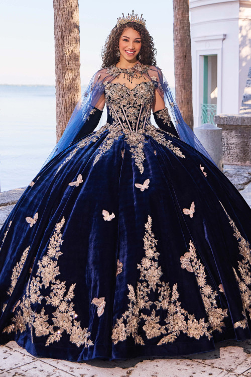Princesa PR30136 Long Quinceanera Dress Navy/Gold / 00